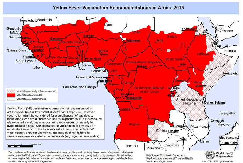 2015年黄熱病ワクチン推奨国　アフリカ