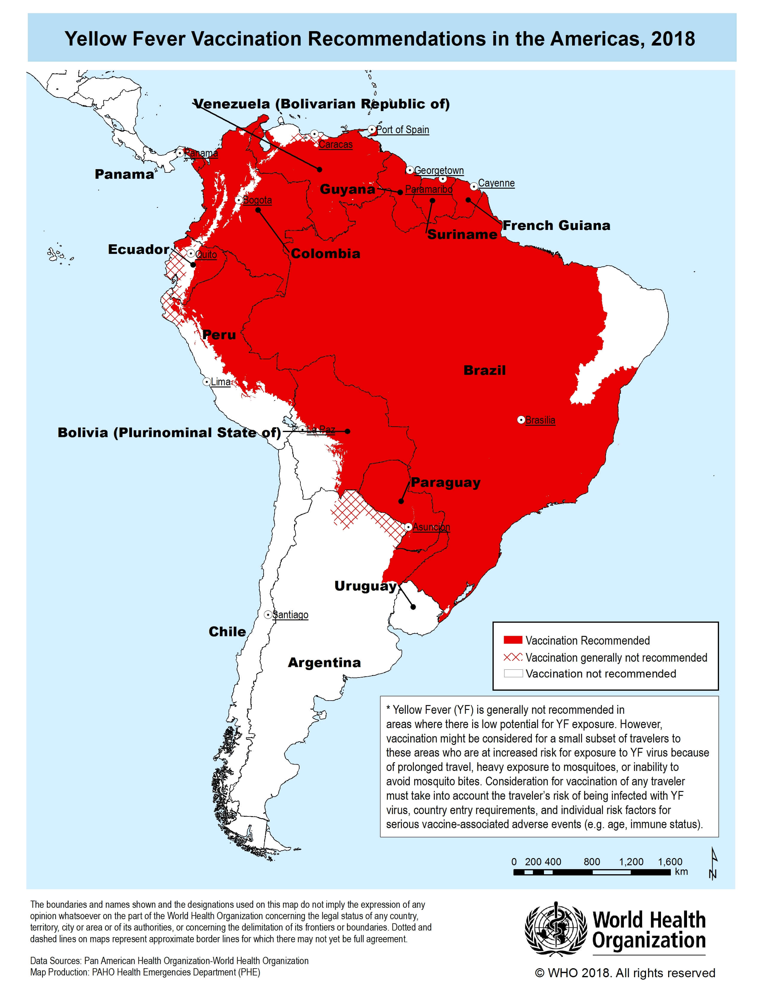 2018年　黄熱病ワクチン推奨国　南米